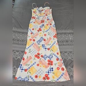 Showpo White Midi Dress with Red, Yellow & Blue Print
